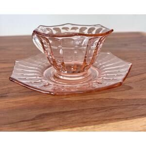 Vintage Octagon Pink Glass Cup & Saucer Set
